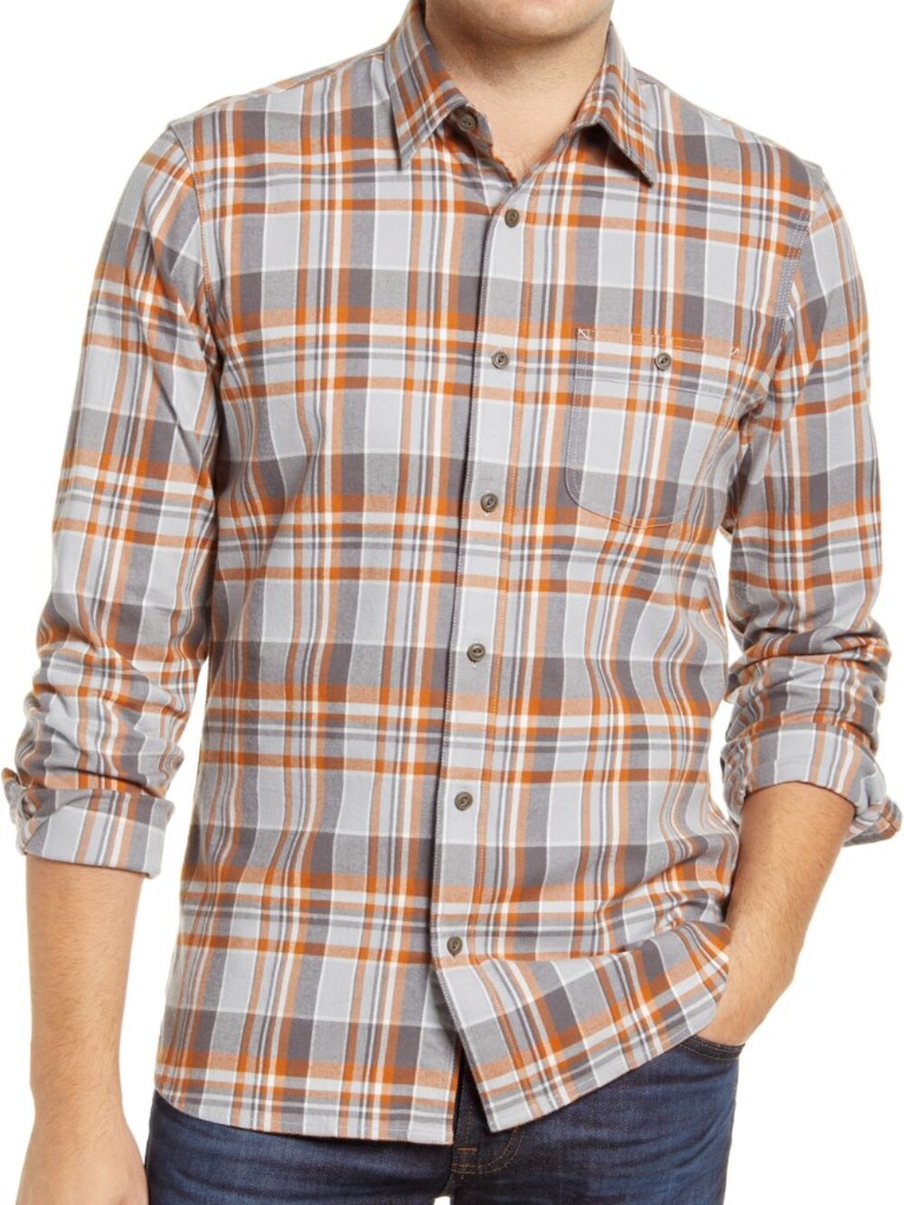 1901 Men's Gray Plaid Trim Fit Flannel Cotton Button Up Shirt M